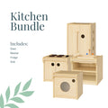 Wooden toy kitchen set shown on a white background with text reading 'Kitchen Bundle' and a list of included pieces: oven, washer, fridge, and sink.