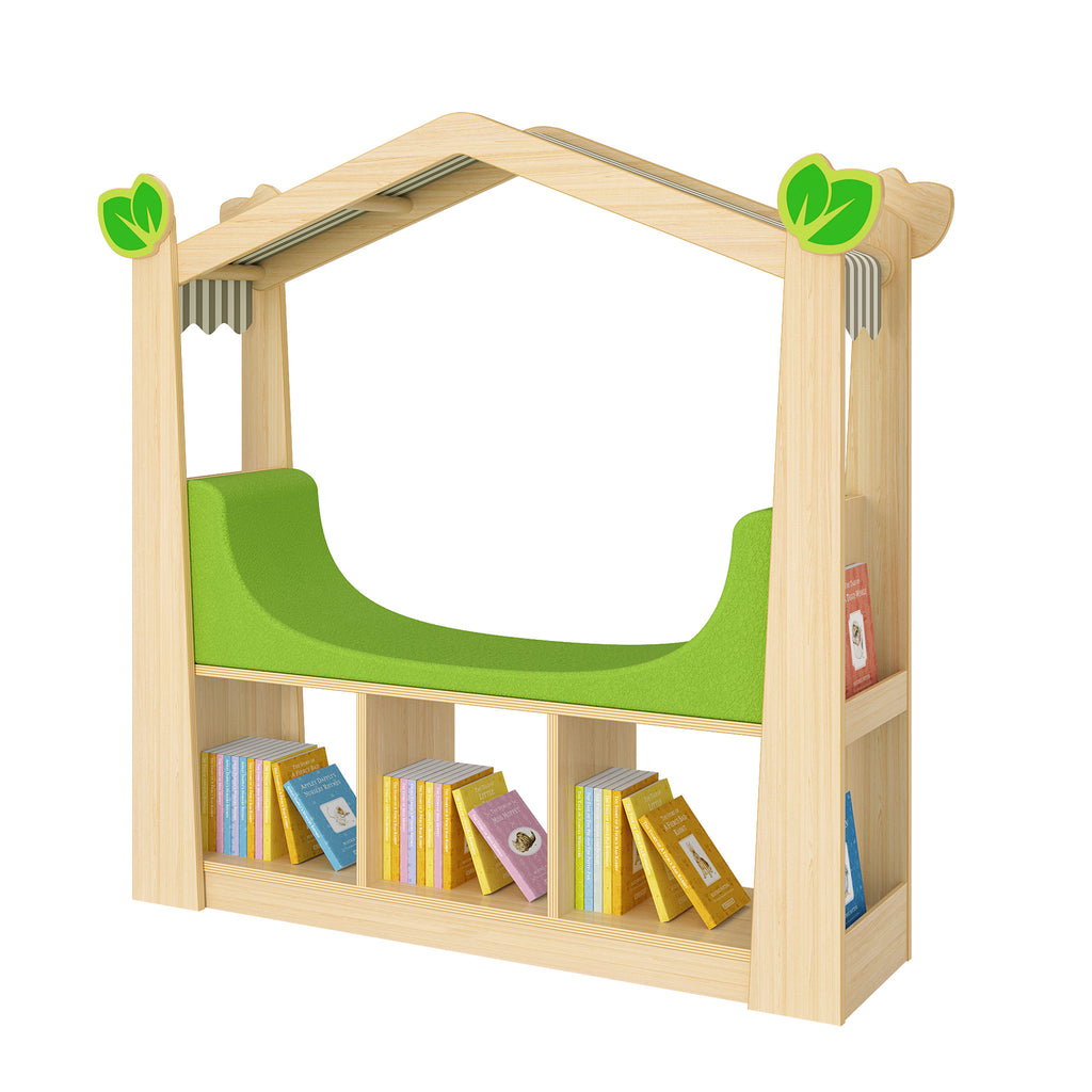 Children's wooden bookshelf with green top and books inside, on a white background