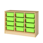 Wooden storage unit with green bins on a white background